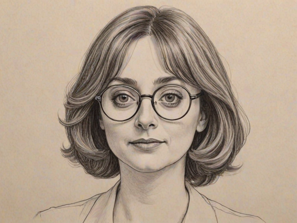 Appealing Rachel Dratch, pencil sketch, portrait of Alluring woman 1974s in glasses, hair style beatnik, outline, clear lines, fine lines, 8k