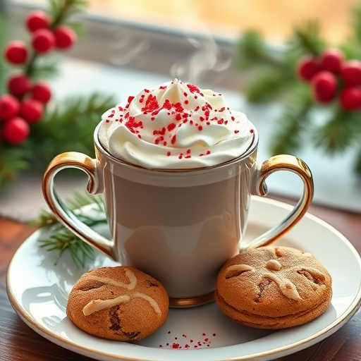 create a highly detailed and vibrant illustration of a steaming cup of coffee topped with whipped cream and red sprinkles, accompanied by two cookies on a plate, with decorative pine branches and red berries, soft natural lighting, shallow depth of field, focus on the cup and cookies, using a DSLR camera with a 50mm lens at f/1.8, ISO 200, and a warm color balance to enhance the cozy atmosphere