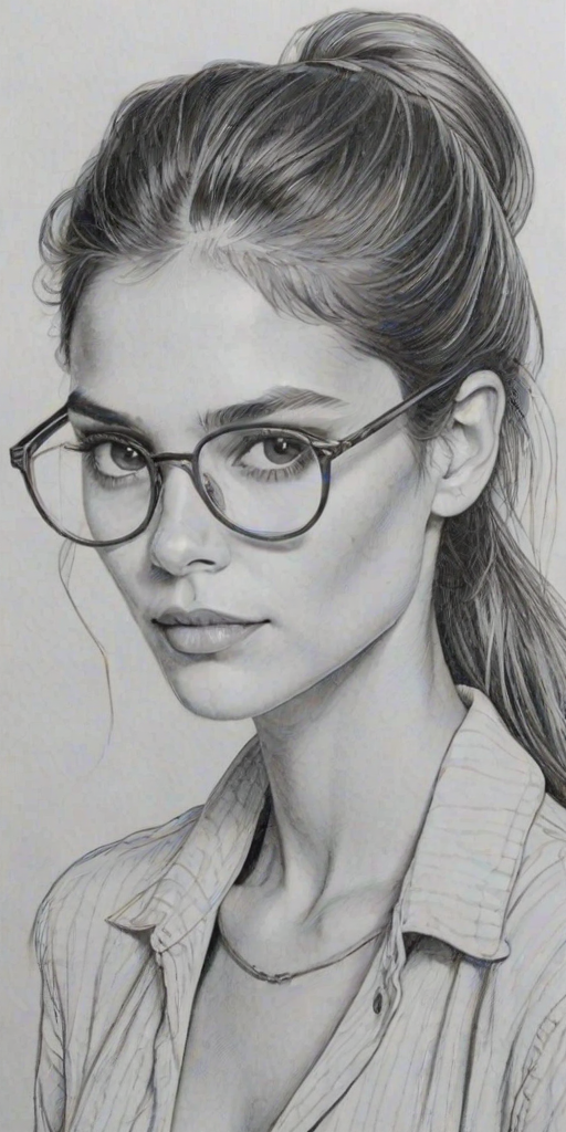 Enchanting Caitlin Stasey, pencil sketch, portrait of Sublime woman 1980s in glasses, hair style beatnik, outline, clear lines, fine lines, 8k