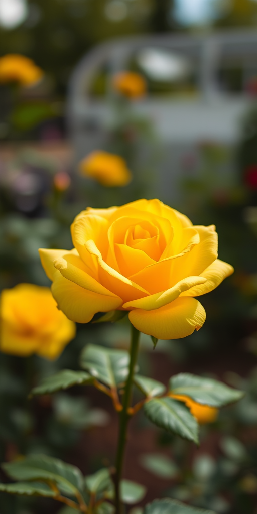 yellow rose in a garden, shallow depth of field, f/2.8 aperture, 50mm lens, soft natural lighting, DSLR camera, focus on the bloom with blurred background