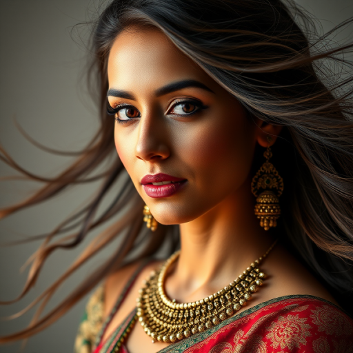 portrait of a beautiful woman with flowing hair and traditional jewelry, soft lighting, 50mm lens, f/1.8 aperture, 1/125s shutter speed, DSLR camera, studio shot, high resolution