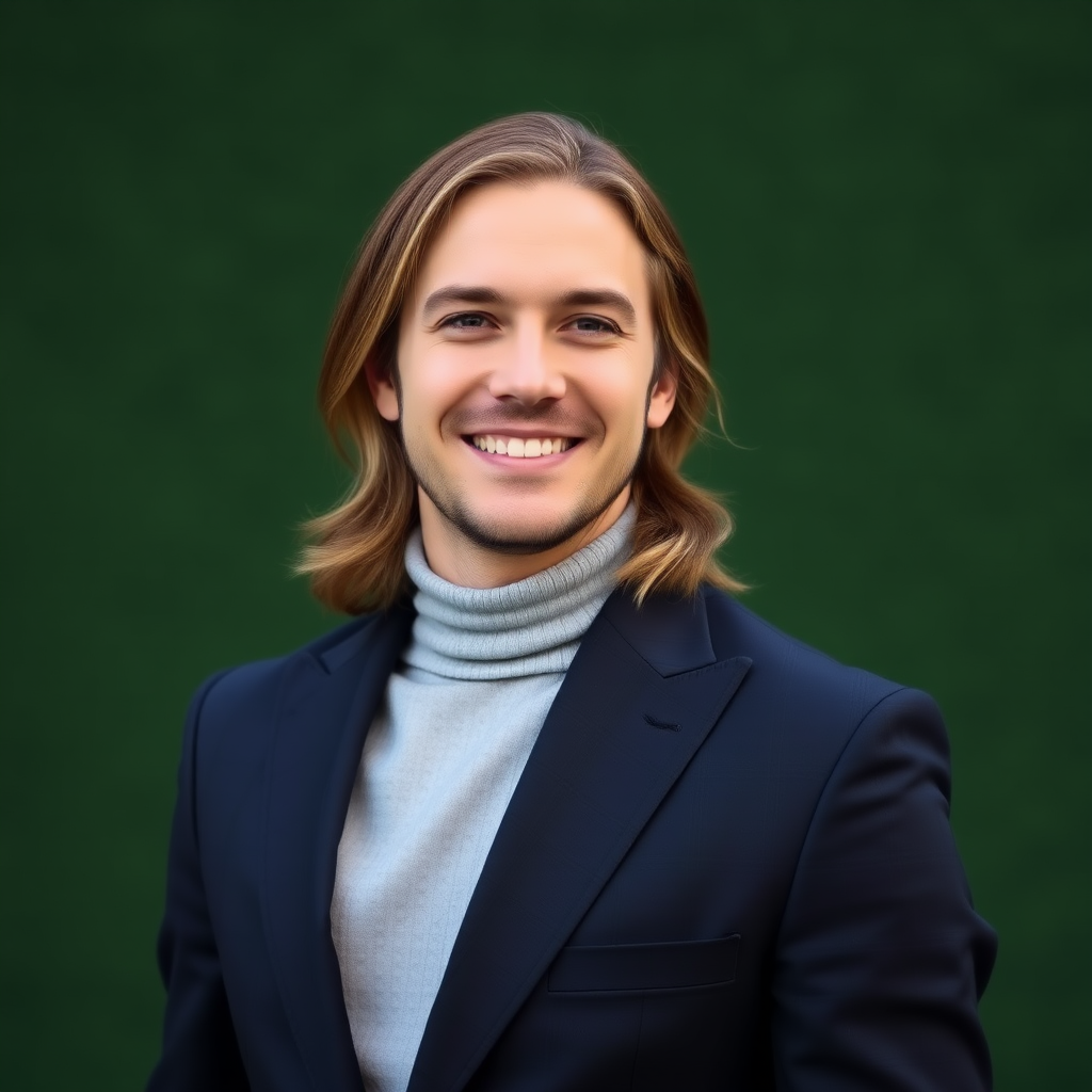 portrait of a man with long hair wearing a stylish suit and turtleneck, smiling against a green background, 50mm lens, f/1.8 aperture, ISO 100, natural light, shallow depth of field, taken with a DSLR camera