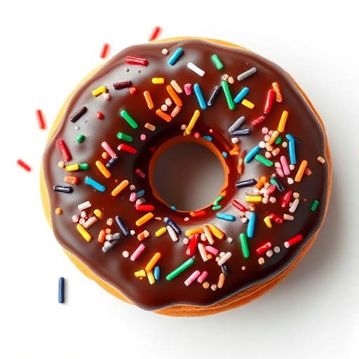 Create a high-resolution illustration of a chocolate frosted donut with colorful sprinkles, using a shallow depth of field, 50mm lens, f/2.8 aperture, natural lighting, and top-down view to enhance detail and texture.