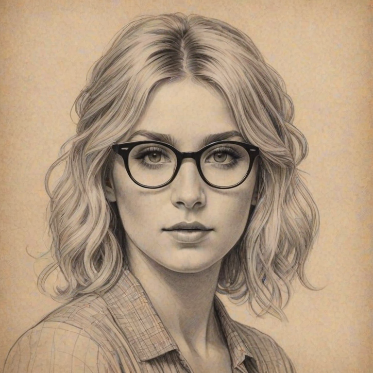 Alluring Kesha, pencil sketch, portrait of Delightful woman 1927s in glasses, hair style beatnik, outline, clear lines, fine lines, 8k