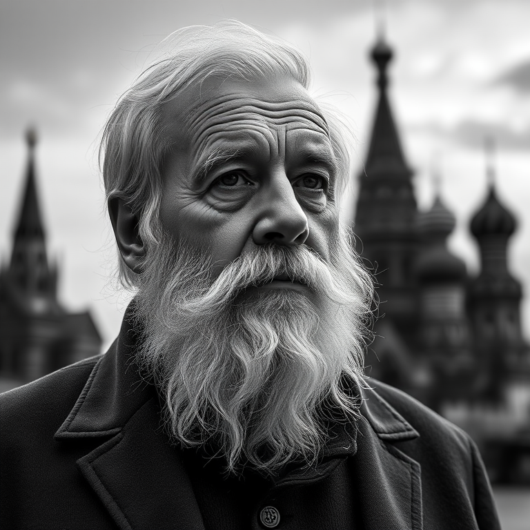 Create a high-resolution black and white portrait of a thoughtful elderly man with a full beard in front of a subtle blurred Kremlin silhouette, using a Canon EOS R5 with a 50mm f/1.2 lens, shooting in portrait orientation at ISO 100, aperture f/2.8, and a shutter speed of 1/125s for enhanced detail and contrast.