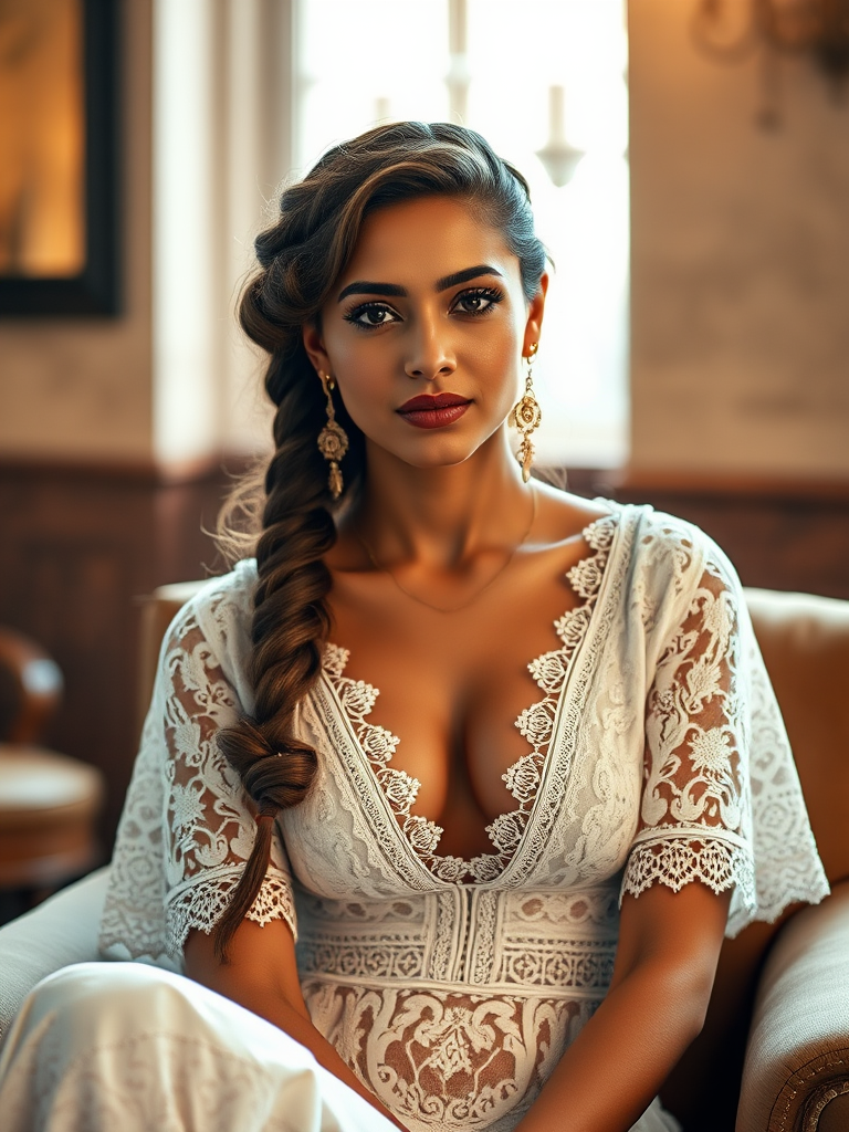 Create a portrait of a refined and elegant Berber woman seated in a sophisticated setting. She has long, wavy hair styled in two thick braids that are pulled over her shoulders. She wears a white, lace gown with intricate patterns, featuring a deep V-neckline and short sleeves. The dress exudes a vintage charm with its delicate lacework. She is adorned with ornate, dangling earrings that add a touch of glamour to her appearance. The background is softly lit, with warm, ambient lighting that creates a cozy and inviting atmosphere. Her expression is poised and serene, capturing a sense of grace and elegance.