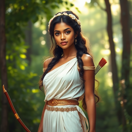 Create a portrait of a goddess-like Indo-Caribbean girl figure in a tranquil, forested environment. She has an elegant appearance with long, wavy hair styled in an updo and adorned with a delicate, floral headband. She wears a flowing, ancient Greek-inspired gown in a soft, pale color, featuring a one-shoulder design and draped fabric that accentuates her graceful form. The outfit includes a decorative belt with ornate gold detailing, and she holds a bow in her hand, with a quiver of arrows slung over her shoulder. The background depicts lush greenery, with sunlight filtering through the trees, casting a gentle, ethereal light on the scene. Her expression is calm and contemplative, embodying a sense of wisdom and serenity.