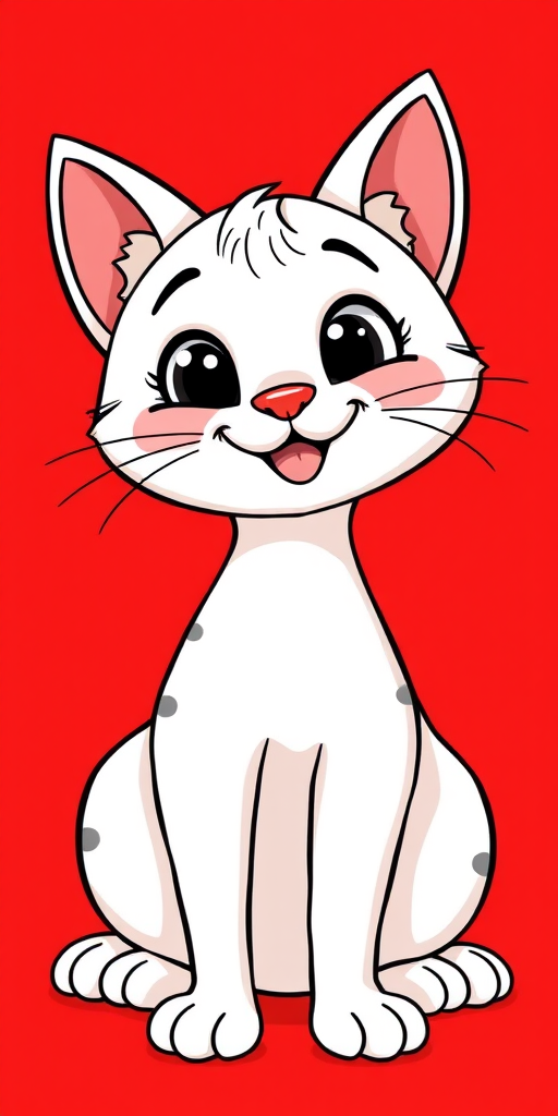 Draw a cute cartoon cat with a happy expression, sitting against a vibrant red background, using a DSLR camera with a 50mm lens, f/2.8 aperture, 1/200s shutter speed, and natural lighting for enhanced clarity and color saturation.