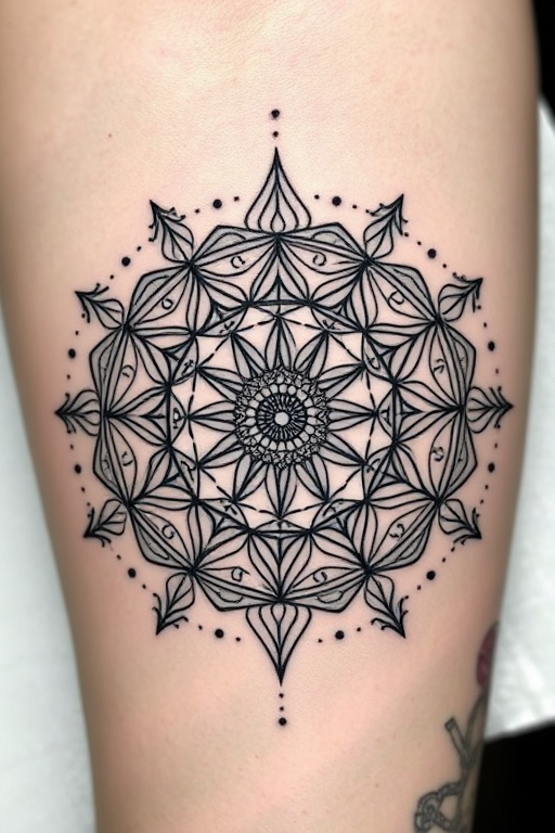 Intricate blackwork tattoo called "Geometric Mandala" showcasing precise linework and symmetrical patterns forming a circular design with sacred geometry elements, dotwork shading, and negative space accents