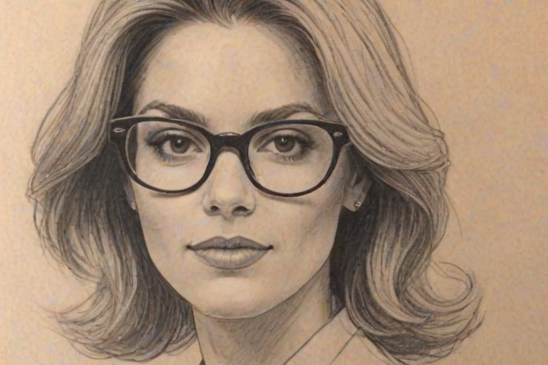 Enchanting Elle Duncan, pencil sketch, portrait of Delightful woman 1976s in glasses, hair style beatnik, outline, clear lines, fine lines, 8k