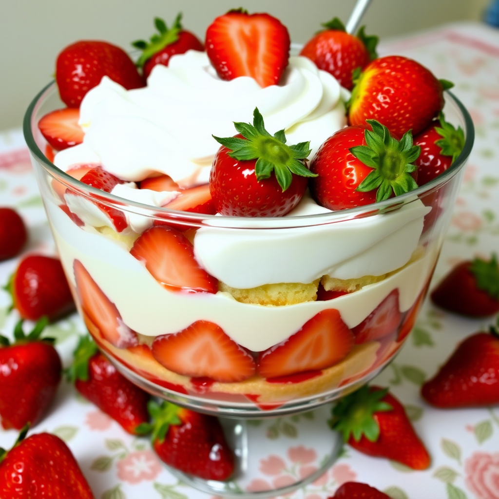 A glass dessert trifle with layers of strawberries, whipped cream, and cake pieces topped with fresh strawberries on a patterned tablecloth with additional strawberries around it.