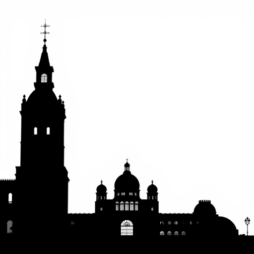 Create a high-resolution image of a minimalistic black silhouette of a famous landmark against a white background, captured with a DSLR camera at 50mm, f/1.8 aperture, ISO 100, natural lighting, from a straight-on view.