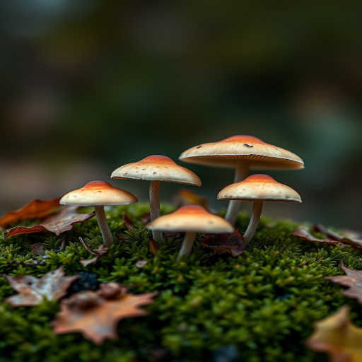 mushrooms growing on moss with autumn leaves, soft bokeh background, captured with a Canon EOS R5, 100mm macro lens, f/2.8 aperture, 1/200 sec shutter speed, ISO 100, natural light, close-up shot