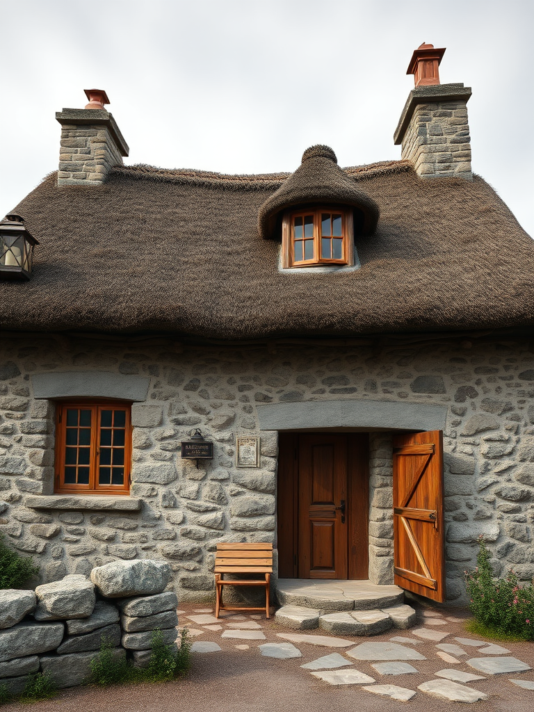 Create a detailed 3D rendering of an old stone cottage with a rustic design, featuring a thatched roof, wooden doors, and vintage lanterns, captured with a DSLR camera at f/8 aperture, ISO 100, 24mm focal length, in natural daylight with a slight overcast sky, using a wide-angle lens to enhance depth and clarity.