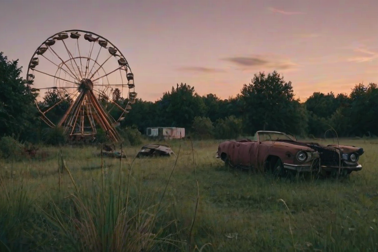 Abandoned fairground at twilight, rusted rides and overgrown grass, a woman explores cautiously, her camera capturing the eerie beauty of the forgotten place.