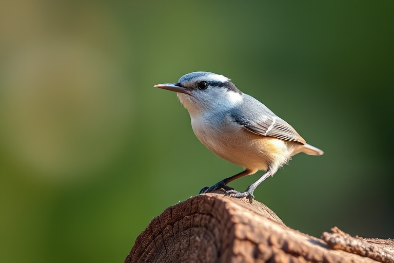 Nuthatch perched on a log, soft bokeh background, natural daylight, Canon EOS 5D Mark IV, 200mm lens, f/4 aperture, ISO 200, 1/500s shutter speed, focus on the bird with a shallow depth of field.