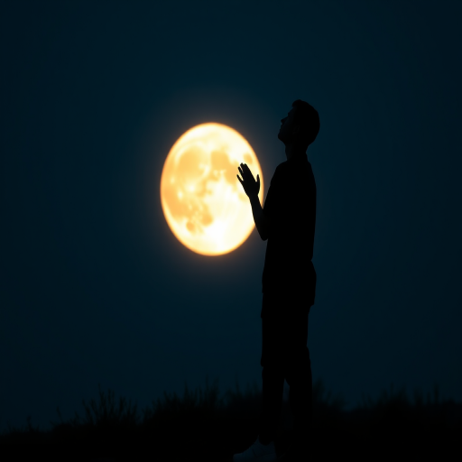 Create an ethereal silhouette of a person praying in front of a large glowing moon, captured with a Canon EOS R5 using a 50mm lens, aperture set to f/1.8, ISO 100, at twilight, with a soft focus and high contrast for dramatic effect.