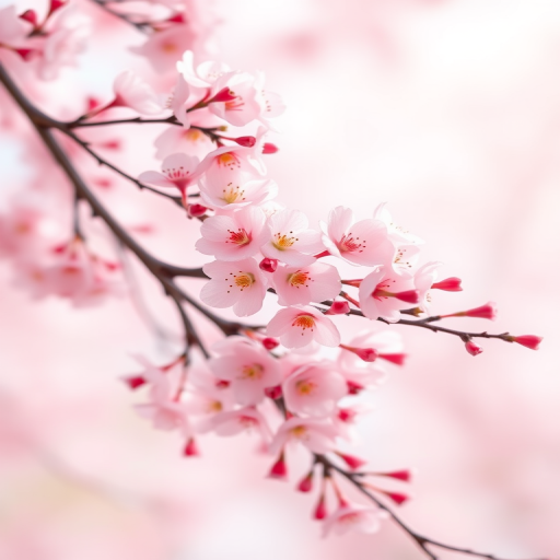 Create a high-resolution digital illustration of cherry blossom branches in full bloom, using a soft focus perspective with a shallow depth of field, bright pastel color palette, and smooth gradient background, mimicking a DSLR camera with an aperture of f/2.8, ISO 100, and 50mm lens.