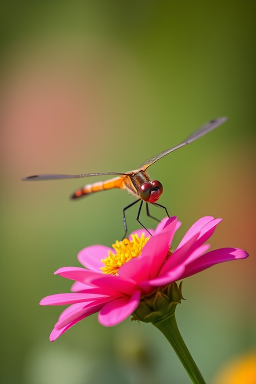 macro shot of a dragonfly perched on a pink flower, soft focus background, aperture f/2.8, shutter speed 1/250 sec, ISO 100, Canon EOS R5, 100mm macro lens, natural lighting, vibrant colors, shallow depth of field
