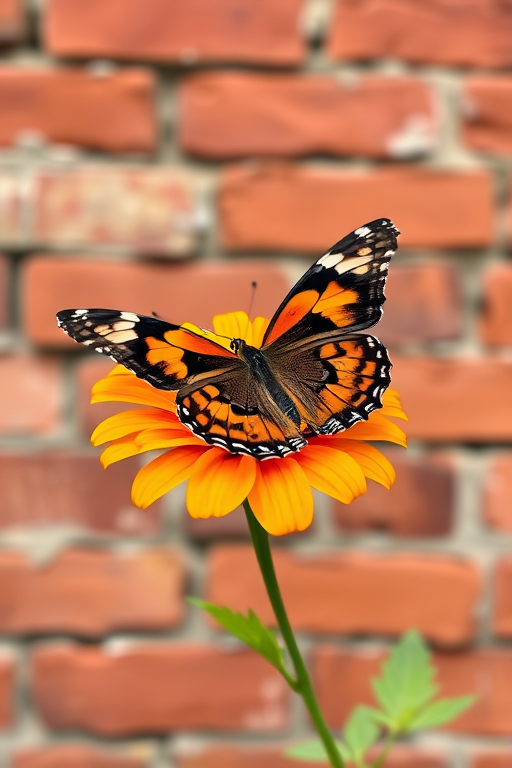 Create an image of a vibrant orange flower with a butterfly perched on it. The background should feature a rustic red brick wall, giving a warm and natural feel to the scene. The butterfly should have striking patterns and colors, enhancing the beauty of the flower.