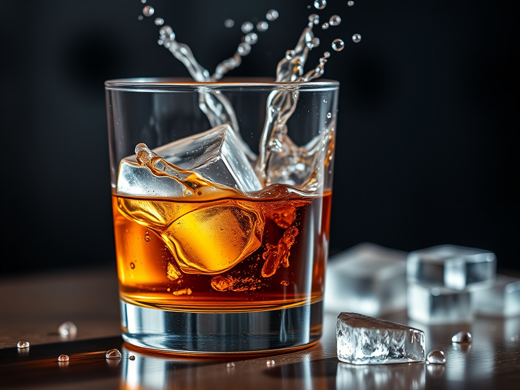 Create a high-resolution image of a glass filled with whiskey and ice, with water splashes, using a Canon EOS R5, aperture f/4, shutter speed 1/500s, ISO 100, 50mm lens, shot from a slightly elevated angle with natural lighting.