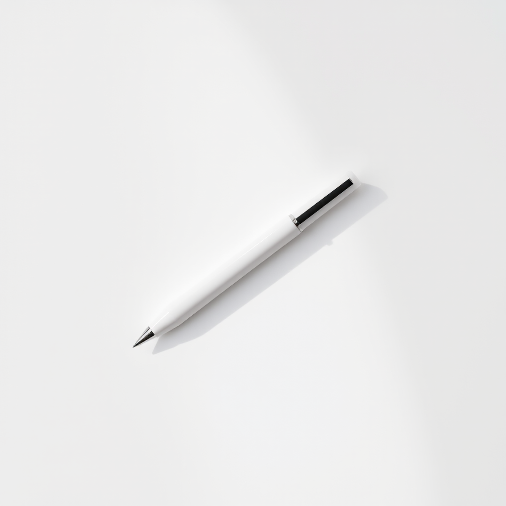 Create a high-resolution image of a sleek white pen on a clean white background, using a DSLR camera with a 50mm lens, aperture set to f/2.8, ISO 100, and a soft natural light source to enhance details and shadows.