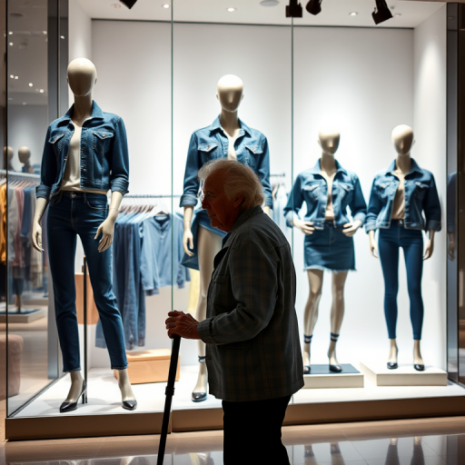Create a high-resolution image of a clothing store display featuring mannequins dressed in stylish denim outfits, with a silhouette of an elderly person with a cane in the foreground, using a 50mm lens, f/1.8 aperture, ISO 100, 1/200 sec shutter speed, and shot at eye level in a well-lit environment.