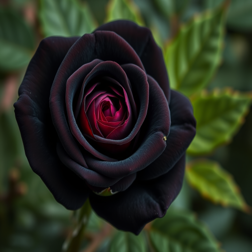 Create a highly detailed and vibrant illustration of a black rose with rich green leaves, captured in macro view using a DSLR camera with a 50mm lens, aperture set to f/1.8 for a soft background blur, and high dynamic range to emphasize colors and textures.