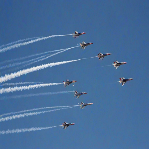 six stunt aircraft flying in formation with contrails against a clear blue sky