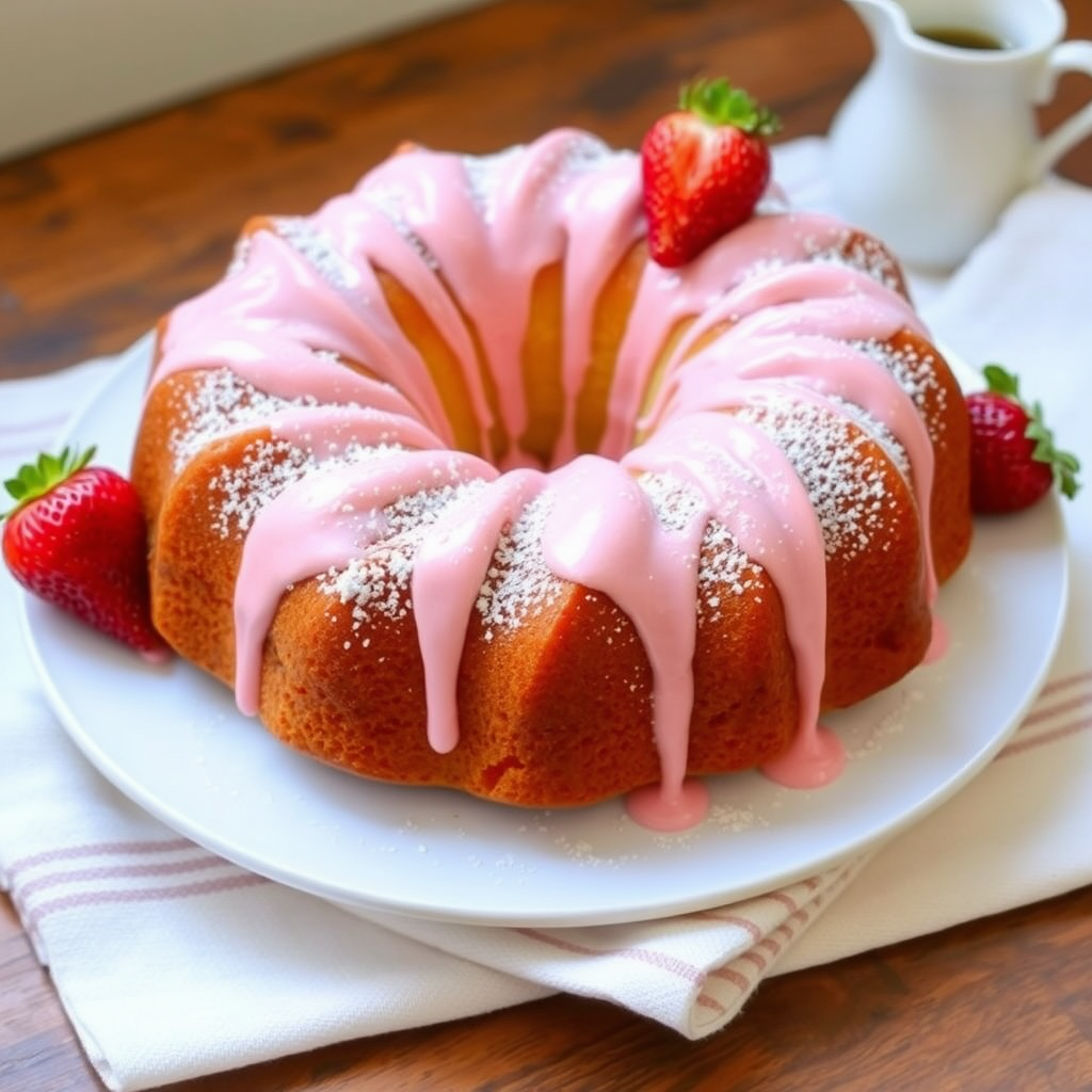A beautifully decorated bundt cake with a light pink icing drizzle on top, garnished with powdered sugar and a fresh strawberry on the side, placed on a white plate with a striped linen underneath and a small pitcher in the background.