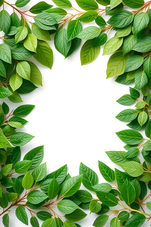 capture a botanical frame design with various green leaves surrounding a blank square in the center, soft focus, white background, 50mm lens, f/2.8 aperture, natural lighting, DSLR camera