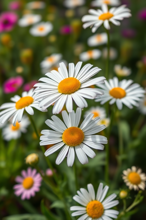 Generate a vibrant close-up of daisies in a lush garden, using a DSLR camera with a 50mm lens at f/1.8, ISO 100, and a shutter speed of 1/200 sec, with a soft focus background for enhanced depth, natural lighting.