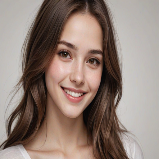 1girl,smile,solo,realistic,brown hair,realistic,long hair,brown eyes,lips,photorealistic,ultra detailed,upper body,(white background,simple background)
