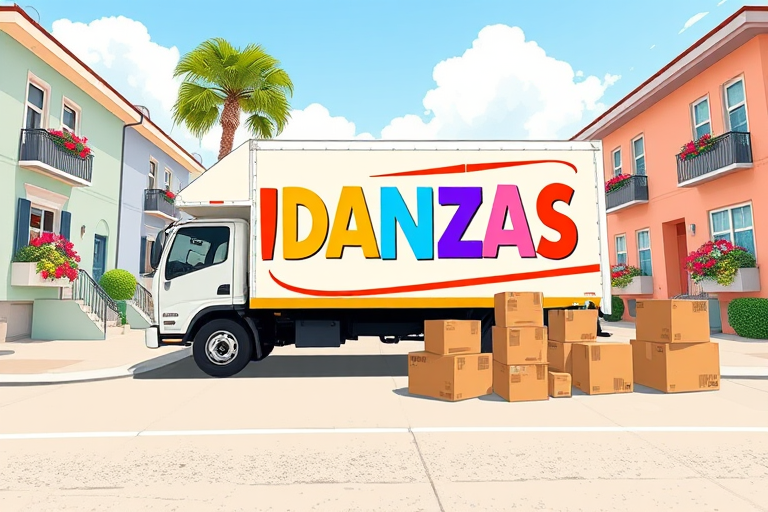 Illustration of a moving truck with the word "MUDANZAS" in colorful letters, parked on a sunny street in front of pastel-colored houses, vibrant flowers in window boxes, with cardboard boxes stacked beside the truck; camera settings: aperture f/8, shutter speed 1/250s, ISO 100; camera view: eye level; camera style: vector art; camera type: digital illustration.