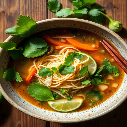 capture a brightly lit overhead shot of a bowl of Vietnamese pho with fresh herbs, lime, and noodles, shallow depth of field, aperture f/4, ISO 200, 50mm lens, natural light, colorful and vibrant presentation, wooden surface background