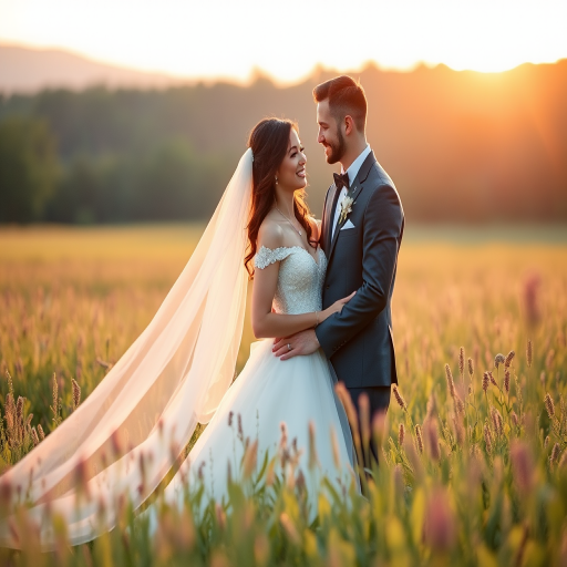 Regenerate a romantic wedding couple portrait in a lush green field during golden hour, use a Canon EOS R5 with a 50mm f/1.2 lens, aperture set to f/1.8, ISO at 100, shutter speed 1/160 sec, shot in portrait orientation with natural light to enhance the softness and clarity of the image.