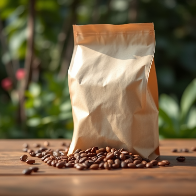 photograph a bag of coffee beans on a wooden table with a blurred background of greenery, taken with a 50mm lens at f/1.8, ISO 100, shutter speed 1/200, using natural light in a bright and airy style