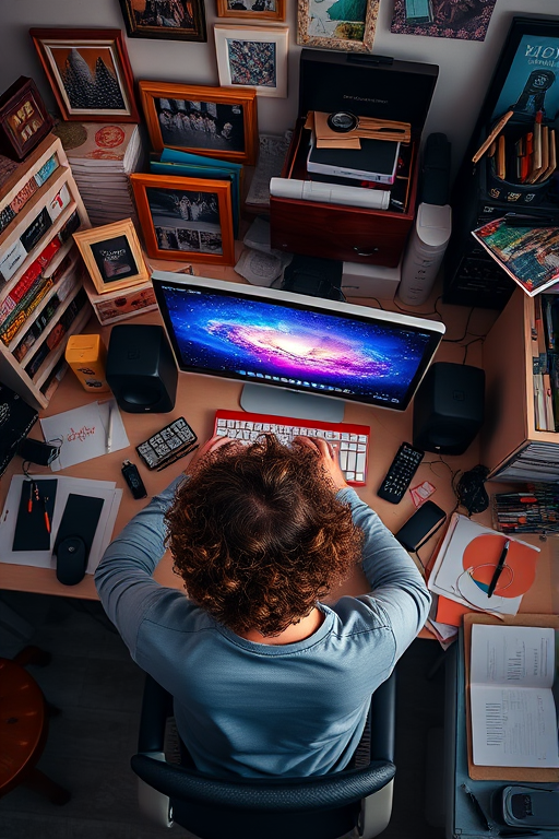 Create an overhead shot of a person with curly hair sitting at a cluttered desk with a computer displaying a colorful galaxy background, surrounded by photo frames, stationery, and art supplies, using a DSLR camera with a 35mm lens at f/2.8, ISO 400, and a shutter speed of 1/60s for a vibrant and detailed image.