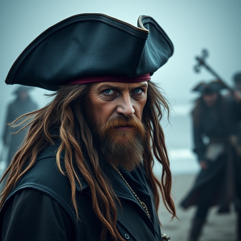 Create a high-resolution image of a rugged pirate with long, messy hair and a large black hat, standing on a foggy beach with his intense gaze directed at the viewer, blurred figures of other pirates in the background, captured with a Canon EOS R5, 50mm lens, f/1.8 aperture, 1/200s shutter speed, and ISO 400 for enhanced depth and detail.