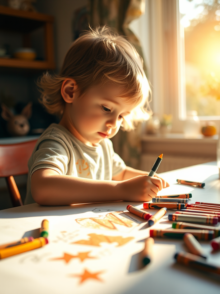 Warm, intimate image of a child drawing at a kitchen table, crayons scattered across the surface, sunlight streaming through the window, the smell of freshly baked cookies in the air, and a sense of creativity and play.