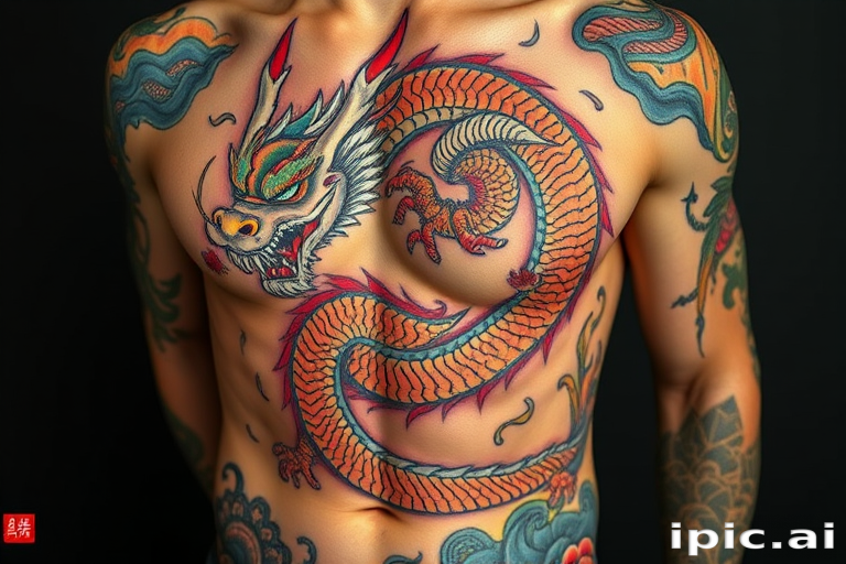 Powerful body tattoo portraying a fierce dragon winding around the torso, executed in a traditional Japanese style with bold colors and dynamic shading