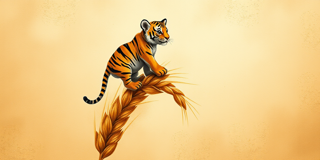 Soft, muted Alcohol Ink with ebru effect background image of tiny whimsical tiger, who climbed high on the top of a golden rye ear.