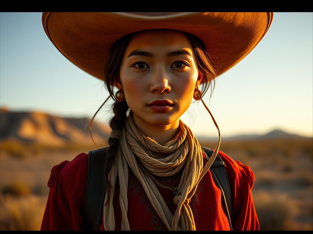 Dramatic photo of a beautiful Hmong woman, classic cowboy attire, confident and free spirit expression, half-length portrait, centered, golden hour desert landscape, warm, diffused light, low angle, medium format film camera, in style of Annie Leibovitz.