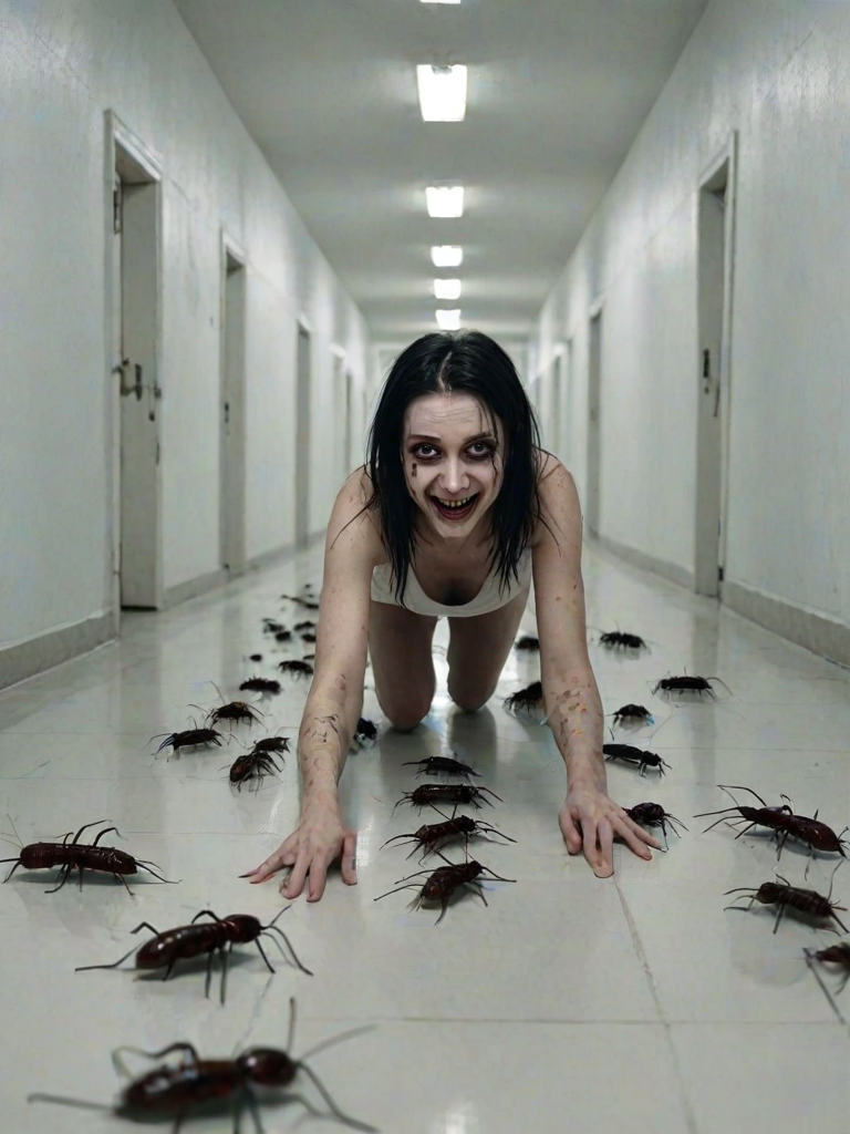 a crooked female with long arms and a creepy smile is crawling along a long white corridor and you can also see cockroaches in it there is a creepy atmosphere creepy art style