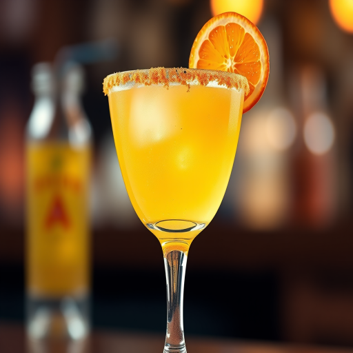 Create a high-resolution illustration of a cocktail in a margarita glass with a textured golden top and an orange garnish, using a Canon EOS R5 camera at f/2.8 aperture, 50mm lens, ISO 100, with a focus on the drink and a soft blurred background to enhance depth of field.