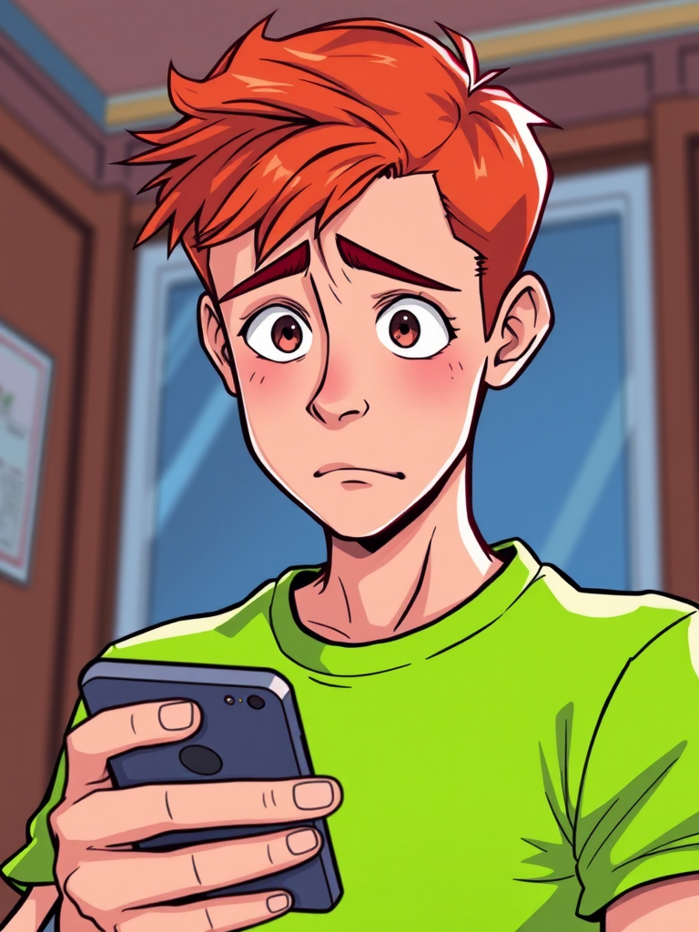 Create an illustration of a worried young man with short red hair, wearing a bright green shirt, looking at a smartphone with a concerned expression, captured in a close-up view using a digital camera at f/4 aperture, 50mm lens, high resolution, and vivid colors.