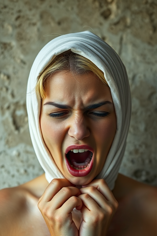 Create a close-up photographic image of a Creole woman with light skin tones shown against an old, worn wall. Their head is wrapped in a white cloth covering (i.e.... parts of the head except the nose and mouth, which are open as if they are screaming...), with a slight texture and visible folds in the fabric. Thin strands of blonde hair escape from the wrapping above, falling lightly at the top and sides. Their hands hold the fabric as if they are tugging nervously. The lighting is dramatic and even, casting strong shadows. The image has a minimalist and surreal style with an emphasis on simplicity with soft color tones. The composition is centered.