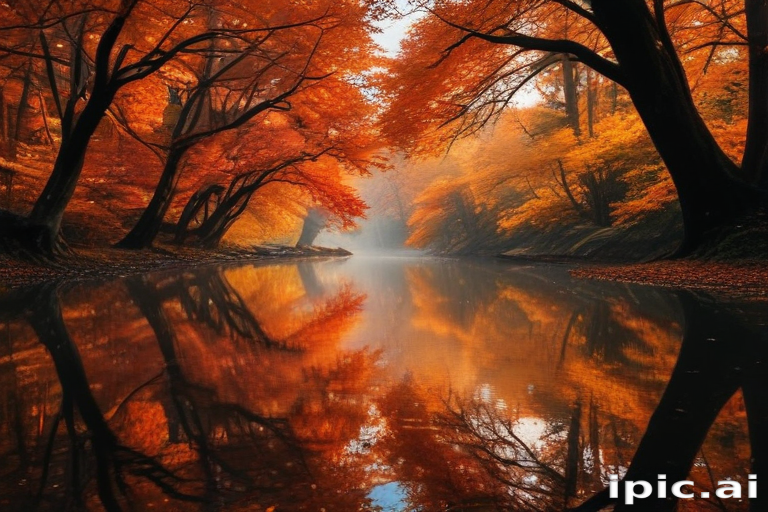 Tranquil Autumn Scene with Vibrant Red and Orange Leaves Reflected in Water