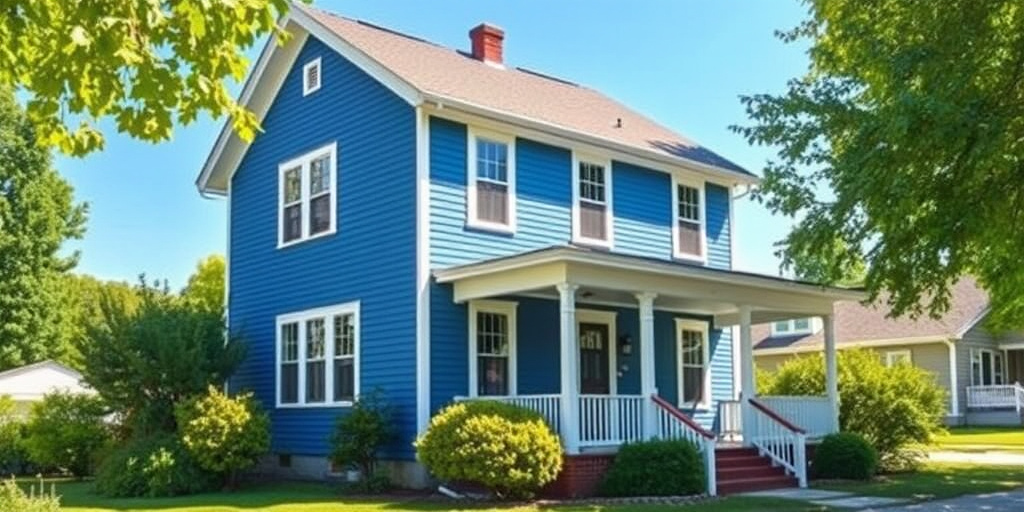 Generate a high-resolution image of a two-story blue house with white trim and a porch, taken at a slightly elevated angle, using a DSLR camera with a 50mm lens, aperture f/8, ISO 100, and a shutter speed of 1/125 sec, in natural daylight for enhanced clarity and detail.