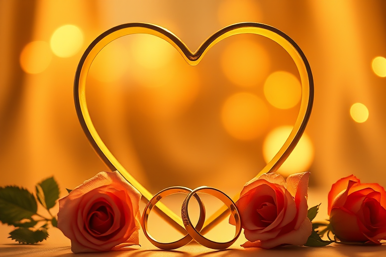 Create a romantic image featuring a heart-shaped frame with a golden hue, adorned with roses and two intertwined wedding rings at the bottom, captured with a DSLR camera at f/2.8 aperture, ISO 100, 50mm lens, using soft focus and warm lighting techniques to enhance the emotional quality.